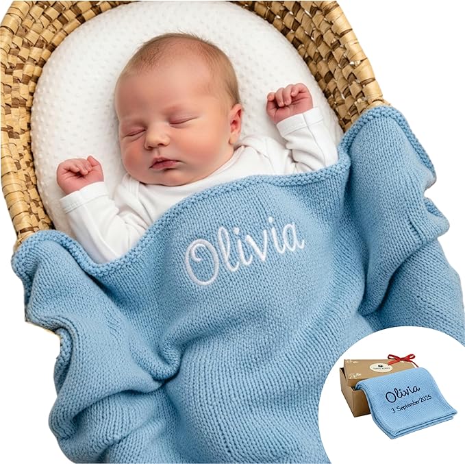 Customized Baby Blanket - 100% GOTS Certified Organic Cotton - Personalized Baby Blanket for Newborn - Embroidered Swaddle, Custom Monogram Baby Name Blankets (Baby Blue)