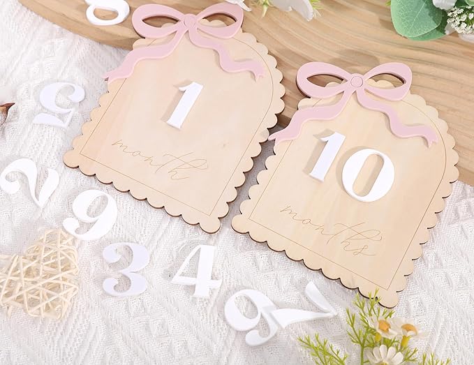 2 Pcs Baby Monthly Milestone Cards - Wooden Photo Props for Newborn, First Year Keepsake (0-12 Months) - New Mom Present, Boy Girl Announcement Sign (Pink Bow)