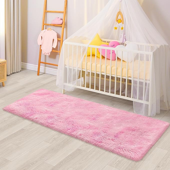 Plush Fluffy Pink Rugs for Bedroom Girls Room 2x6 Runner Pink Area Rug for Bedroom Bedside Living Room Hallway Fuzzy Shag Carpet for Kids Room Nursery