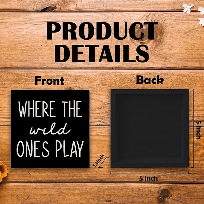Where The Wild Ones Play Black Wood Box Sign Desk Decor 5X5, Nursery Kids Room Wooden Block Sign Decorations for Playroom Toddler Boys Girls Room Wall Tabletop Shelf Decor