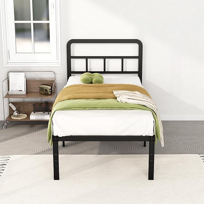 Twin Bed Frames with Headboard 18 Inch, Metal Platform No Box Spring Needed Heavy Duty Steel Slat Mattress Foundation/Easy Assembly/Noise Free/Black