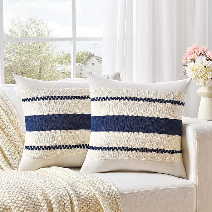 Fancy Homi Set of 2 Navy Blue Decorative Throw Pillow Covers 16x16 Inch for Couch Bed Sofa Living Room Office, Aesthetic Modern Organic Farmhouse Home Decor, Soft Cotton Woven Textured Cushion Case