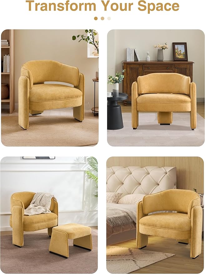 LOULENS Oversized Accent Chair with Ottoman, Modern Upholstered Barrel Chair with Footrest, Comfy Round Armchair for Living Room, Bedroom, Reading Room & Corner (1, Yellow)