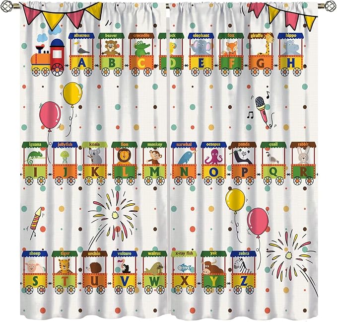 Alphabet Train Kids Curtain Animals Alphabet Children Teens Early Learning Printed Rod Pocket Blackout Window Treatments for Classroom Bedroom Nursery Playroom 42" W X 54" L