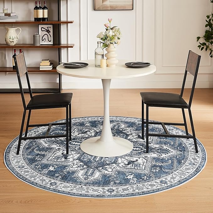 WITSHOCK 6Ft Blue Round Washable Area Rugs - Vintage Boho Distressed Oriental Farmhouse - Non Slip Low Pile Circle Carpet for Living Room Bedroom Kitchen Dining Room, Foldable Soft Pet Friendly Rug