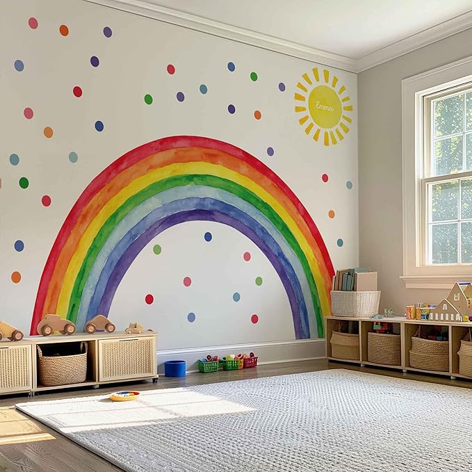 Watercolor Rainbow, Sun, Polka Dots Wall Decal for Kids Room, Nursery, Baby Room Decor, Polka Dots Mural, Rainbow Wallpaper (Vibrant Rainbow, XXLarge)