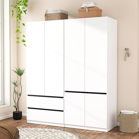 Armoire Wardrobe Closet with Drawers：75" Large White Wardrobe Closet Cabinet with 4 Doors for Hanging Clothes, Modern Wooden Bedroom Armoires with 2 Drawers and Storage (A+C, 63")