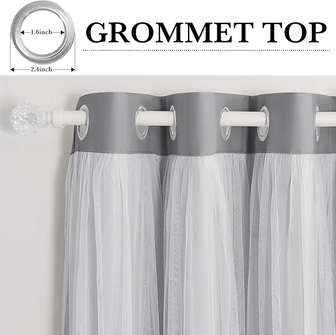 PONY DANCE Blackout Curtains 84 Inches Long - White Sheer Overlay Double Layer Thermal Insulated Drapess for Living Bedroom with Tiebacks,(W52 x L84 inch, Silver Grey, One Pair Grommet Drapes)