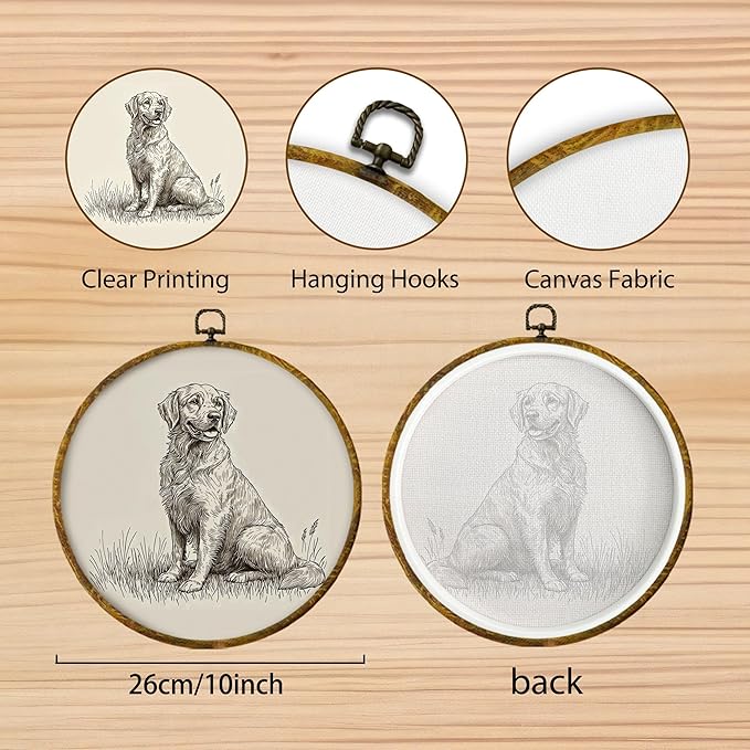 Hiuwevt Vintage Neutral Golden Retriever Round Wall Art Decor, Golden Retriever Gifts Framed Canvas Prints, Retro Sketch Dog Round Wall Hanging Decor for Home Bedroom Decorations, 10x10 Inches