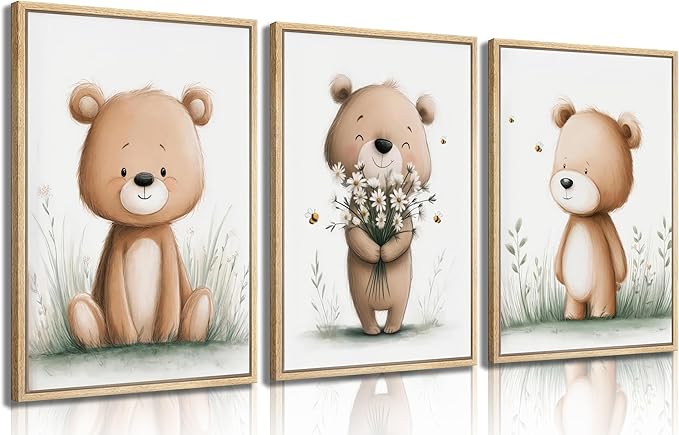 3Pcs Cute Bear Nursery Wall Art Cute Animals Flower Painting Picture Wall Decor Boho Teddy Bear Poster Print Artwork for Children Room Baby Room Nursery Boy Room Girl Room Home Decoration