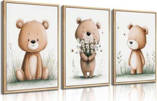 3Pcs Cute Bear Nursery Wall Art Cute Animals Flower Painting Picture Wall Decor Boho Teddy Bear Poster Print Artwork for Children Room Baby Room Nursery Boy Room Girl Room Home Decoration