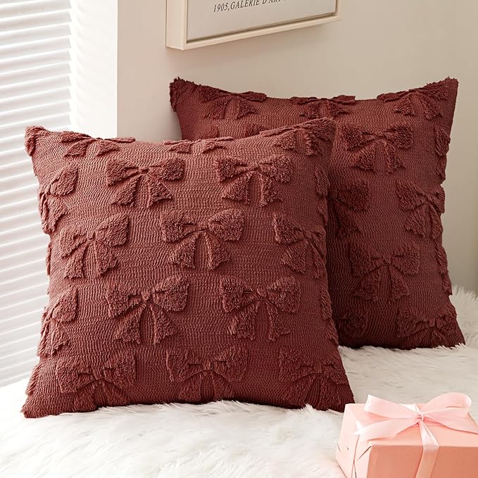 MIULEE Christmas Burgundy Bow Pillow Covers Coquette Room Decor Aesthetic Set of 2 Decorative Cute Girl Throw Pillow Soft Plush Faux Pillowcase for Girl Bed Couch Sofa,18x18 Inch