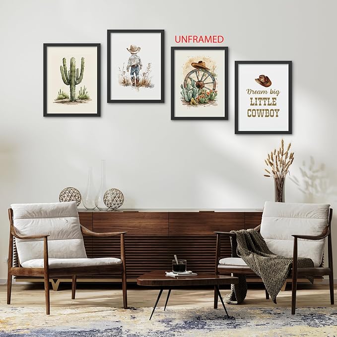 Hxlac Western Cowboy Wall Art Prints Set of 4 Unframed - Desert Cactus Hats Wall Decor for Toddler Kid Boy Room, Dream Big Little Cowboy (12x16Inches)