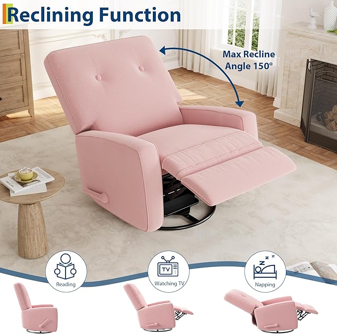 GarveeHome Recliner Chairs, Swivel Rocker Recliner, Glider Recliner Nursery Chair for Adults, 360° Swivel Glider Rocking Chair for Living Room, Bedroom, Office, RV, Small Spaces, Corduroy, Pink