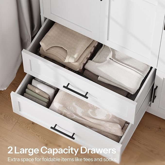 HOOBRO Armoire Wardrobe Closet with Mirror, Wooden Wardrobe Closet with 4 Doors and 2 Drawers, 70.9" Bedroom Armoire with Hanging Rod for Bedroom, Clothing Storage Closets, Adjustable Shelves, White