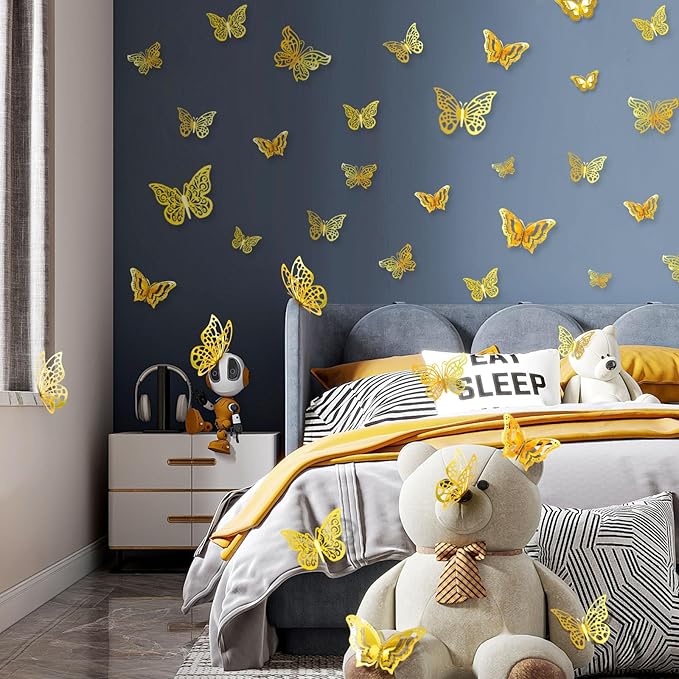 96 Pcs Butterfly Decorations 3 Sizes 4 Styles 3D Butterfly Wall Decor Party Decorations Butterflies for Crafts Birthday & Wedding Celebrations Cake Decorating Balloons Removable Stickers Gold