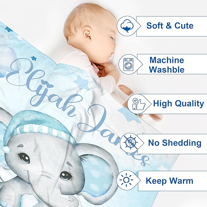 J&SBGFT Personalized Baby Blanket for Boys,Custom with Name, Customized Name Receiving Blankets Toddlers Kids Nursery Stroller Crib Decor Throw 30/''x40/'',Color2, 02-blue Elephant