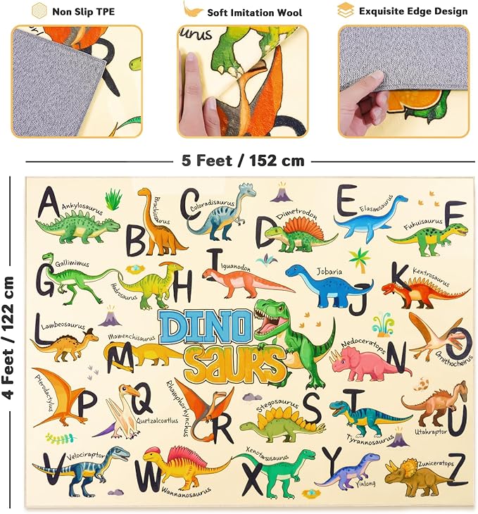 Kids Rugs for Playroom, 4x5 Feet Educational Rug for Learn The ABC Alphabet, Soft Machine Washable Non-Slip Cute Dinosaur Carpet for Classroom Toddler Nursery Kids Room Decor Mat, Beige