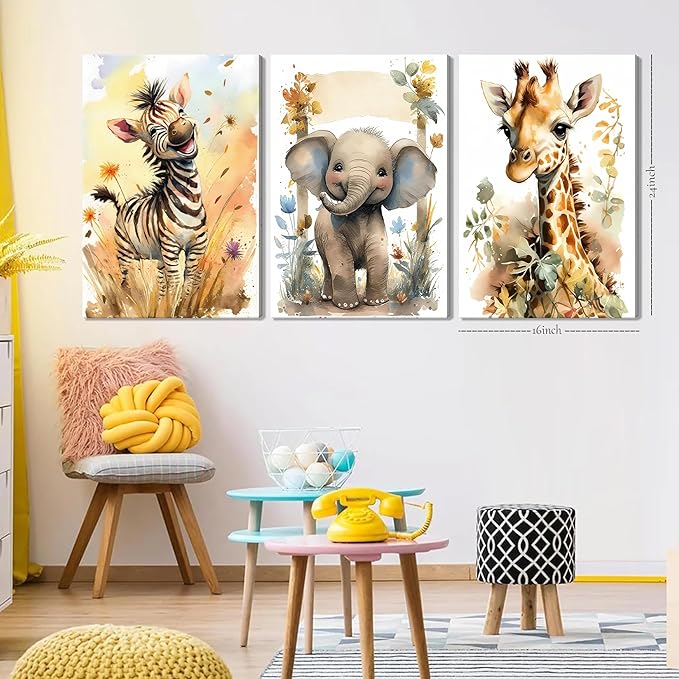 Woodland Animal Wall Art Set of 3, Wild Animals Nursery Picture Wall Decor Canvas, Cute Giraffe Elephant Zebra Watercolor Poster Print Artwork for Boys Girls Room Decoration – 16x24 inch