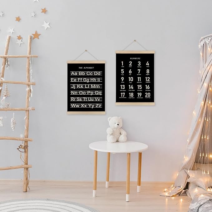 HRQKO Black Alphabet Numbers Poster Hanger Frame Set of 2, Nursery Wall Decor, ABC Poster Wall Art with Wooden Frames, Alphabet Banner Wall Hanging Decor for Playroom Boy Toddler Room, 12x16 Inch