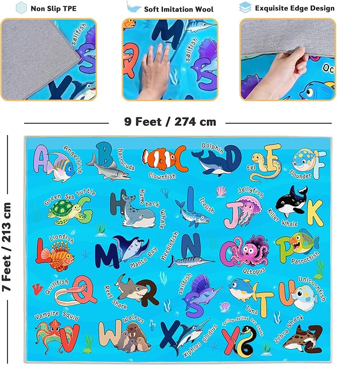 Kids Rugs for Playroom, 7x9 Feet Educational Rug for Learn The ABC Alphabet, Soft Machine Washable Non-Slip Cute Marine Organisms Carpet for Classroom Toddler Nursery Kids Room Decor, Blue