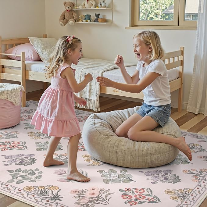 Wonnitar 8x10 Washable Rug, Pink Rugs for Girls Bedroom Decor, Boho Ultra-Thin Non Slip Soft Moroccan Floral Large Carpet for Living Room Baby Nursery Kids Playroom, Pale Pink