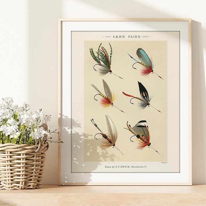 DREAM BIG PRINTABLES Vintage Fly Fishing Decor (Set of 4) - Unframed - 8x10 | Great Gift for Fisherman - Reproductions of Vintage Fishing Lure Art Prints - Rustic Decor