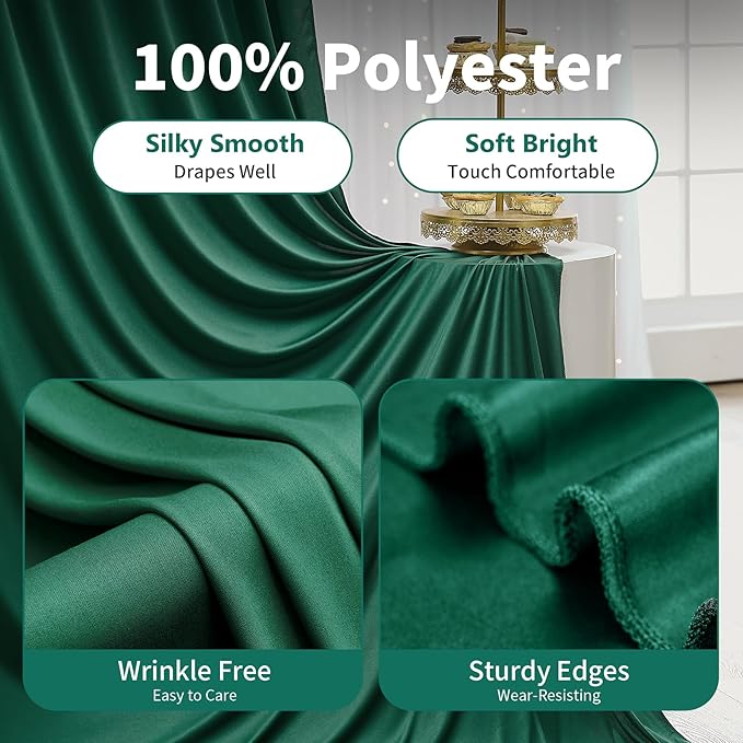 10×12ft Wrinkle Free Hunter Green Backdrop Curtain for Wedding Parties, 2 Panels 5×12ft Long Soft Silky Polyester Backdrop Drapes Photo Back Drop Curtains for Jungle Party Photography Background Cloth