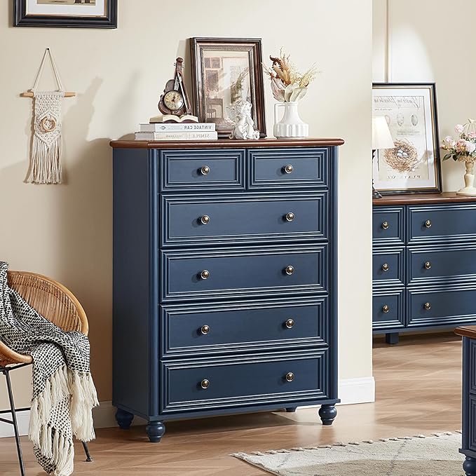 Farmhouse 6 Drawer Dresser, Blue Chest of Drawers, 43.5" Tall Dressers for Bedroom with Roman Column and Metal Handles, Rustic Wood Storage Organizer for Living Room, Hallway, Closet