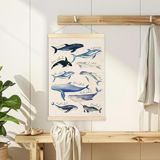 Ecezatik Species of Whales Wall Art with Wooden Poster Hanger, Whale Posters, Beach Room Decor, Ocean Room Decor, Whale Wall Art Decor for for Classroom Nursery Kids Room Playroom, 16x24 Inch