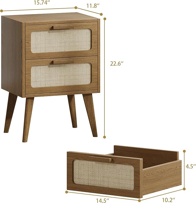 Rattan Nightstand Set of 2,Mid Century Modern Bedside with Drawers,End Table, Side Table with 2 Hand Made Rattan Decorated Drawers for Livingroom,Bedroom,Caramel Oak CTG59BR-2