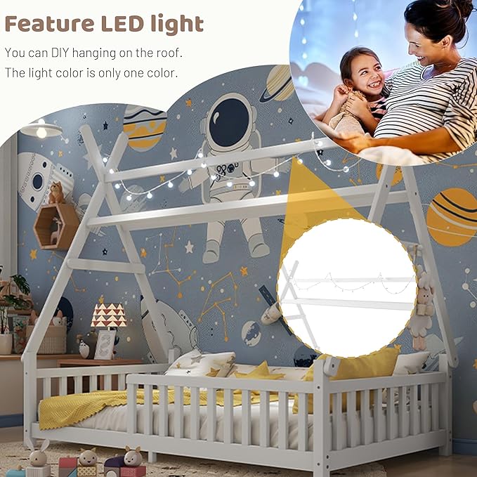 Twin House Bed with Light,Wood Twin Montessori FloorBed with Rails & Roof,Teepee Bed for Kids Boys Girls,with Slats Support,No Box Spring Needed, White