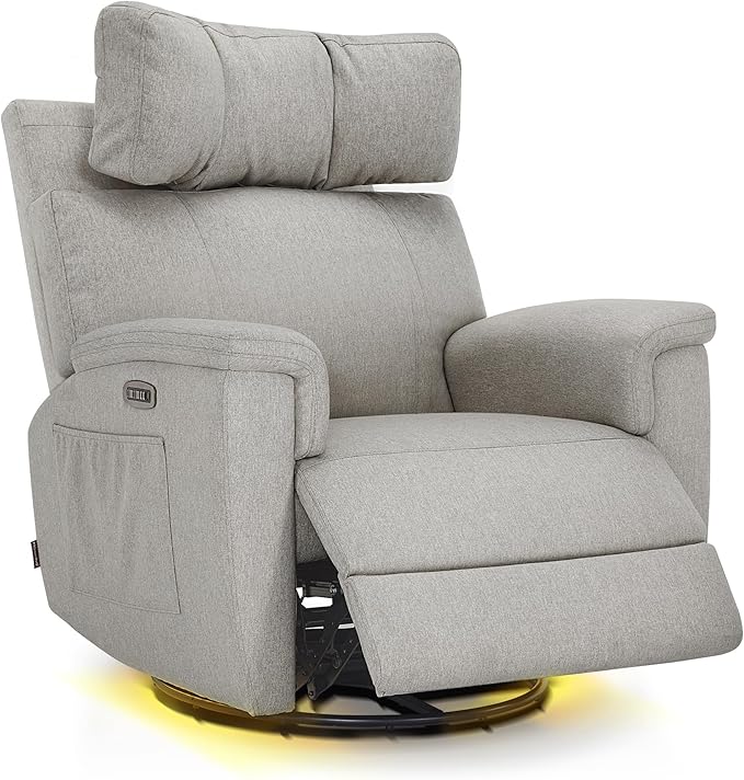 MCombo Oversized Swivel Glider Rocker Recliner with Adjustable Headrest, Dual Motor Power Recliner for Nursery, Led Nightlight, Fabric PR601 (Mist Grey)