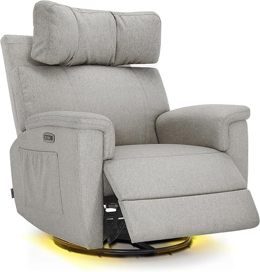 MCombo Oversized Swivel Glider Rocker Recliner with Adjustable Headrest, Dual Motor Power Recliner for Nursery, Led Nightlight, Fabric PR601 (Mist Grey)