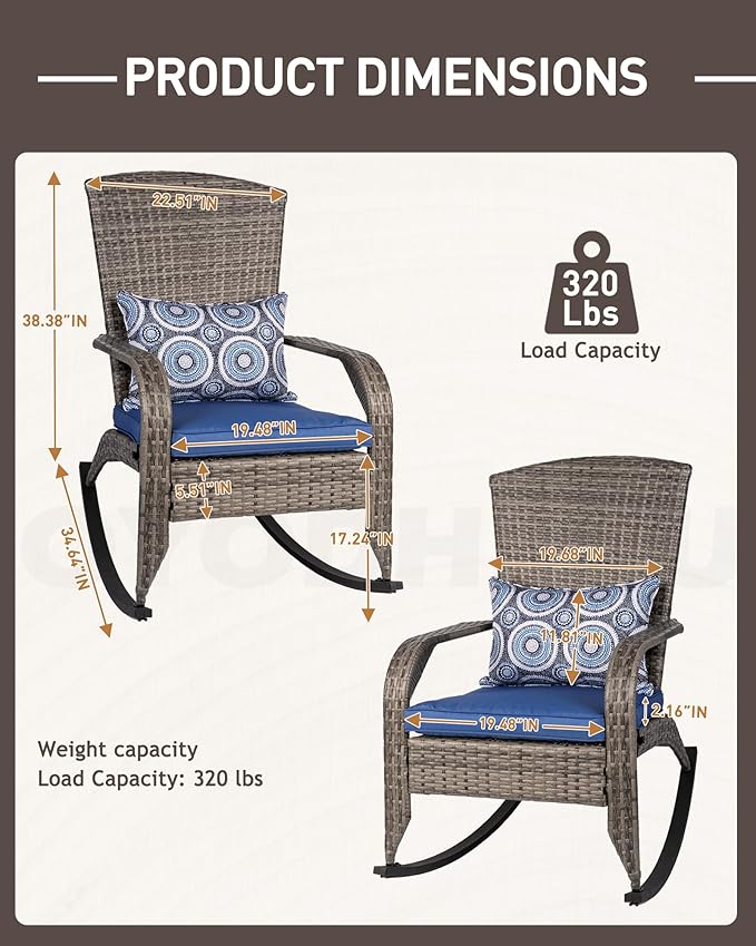 Outdoor Rocking Chair Set of 2, Rattan Patio Rocker Chairs with Cushions and Steel Frame, All-Weather Outdoor Rocker Chair with 2 Cushion Covers, Wicker Rocking Chairs Set of 2