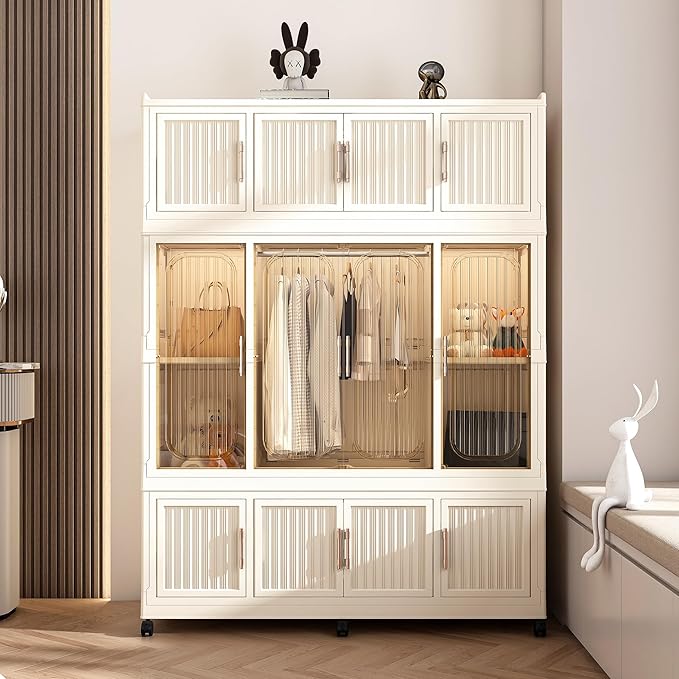 Kids Portable Wardrobe Closet Organizer with Magnetic Doors, 12 Cubes & 1 Hanging Rod, 6 PCS Hangers, Children's Plastic Wardrobe Closet for Bedroom Storage, Large Baby Wardrobe Storage Cabinet