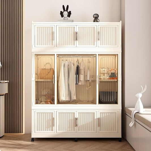 Portable Closet Wardrobe, Foldable Clothes Organizer with 12 Cubes Storage, Hanging Rods, Easy Assemble Clothing Organizer with Magnet Doors, Wardrobe Storage Cabinet for Kids,Baby,Adult