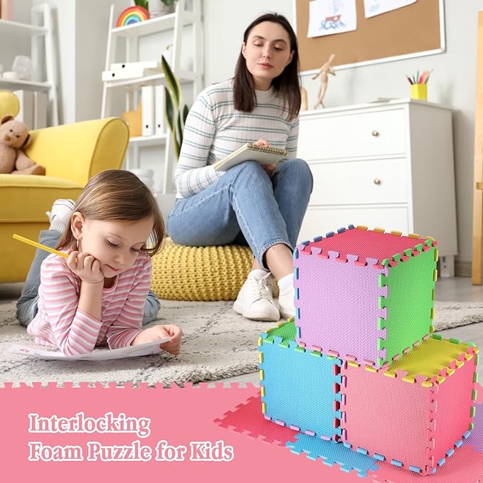 Nuanchu 60 PCS Kids Foam Puzzle Floor Mat Bulk - Solid Color Foam Play Mat with Borders Interlocking Multi Use Floor Rug for Children, 12 Inch(Colorful)