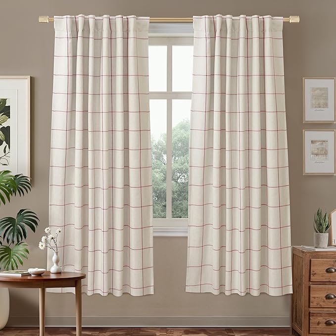 DriftAway 2 Panels 100% Blackout Windowpane Plaid Linen Curtains Double Layer Drapes for Bedroom 72 Inches Long Farmhouse Thermal Insulated 3.25 Inch Rod Pocket Back Tab for Living Room Red