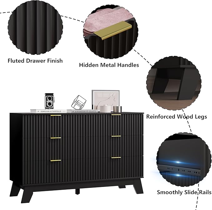 6 Drawer Dresser for Bedroom, Black Fluted Dressers Chest of Drawers with Gold Handle, Wood Mid Century Modern Dressers for Closet, Bedroom Dresser Storage Organizer for Living Room, Hallway