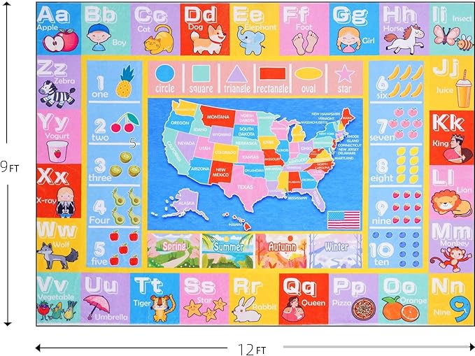 Kids Rugs for Playroom - Soft & Non-Slip 9x12 Feet Educational Rug for Learning ABC Alphabet, Numbers, Shapes & Map, Washable Classroom Rug for Toddler Nursery & Kids Room Decor