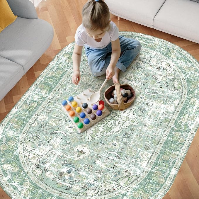 Vhong Washable Area Rugs Boho Vintage Modern Neutral 4×6 Carpet Sage Green High Traffic Oval Non Slip Rugs for Dinning Room Bedroom Living Room Farmhouse