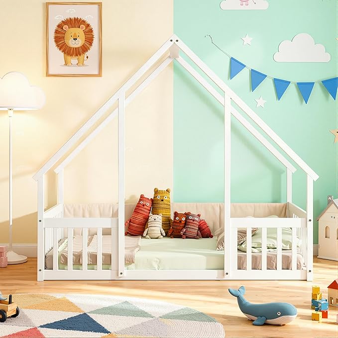 Casaphoria Full Size House-Shaped Montessori Bedframe, Solid Pine Wood Kids Bed Frame, Toddler Floor Bed with Door & Fence for 1-3 Years Old Kids, White
