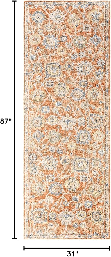 Mark&Day Washable Rugs, 3x7 Erlanger Traditional Burnt Orange Runner Area Rug, Blue Beige Carpet for Hallway, Kitchen, Bedroom or Living Room (2'7" x 7'3" Runner, Machine Washable)