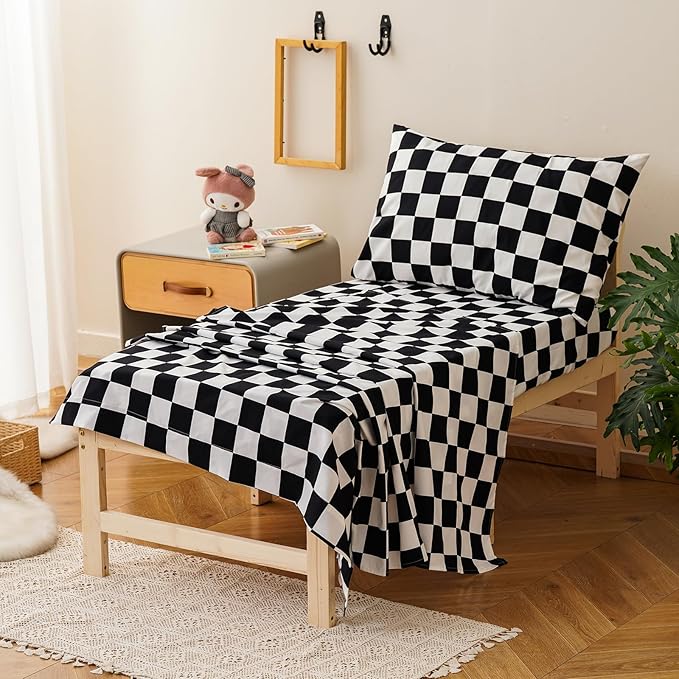 KAREVER Grid Toddler Bedding Set Black White Checkered 4 Pieces Crib Bed Set Kids Pliad Comforter Set
