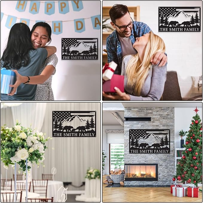 Custom American Bear Family Scene Metal Wall Sign, Personalized Family/Last Name Signs, Lodge Decor, Rustic Cabin/Living Room/Bathroom Decor, Wildlife Lover's Gift