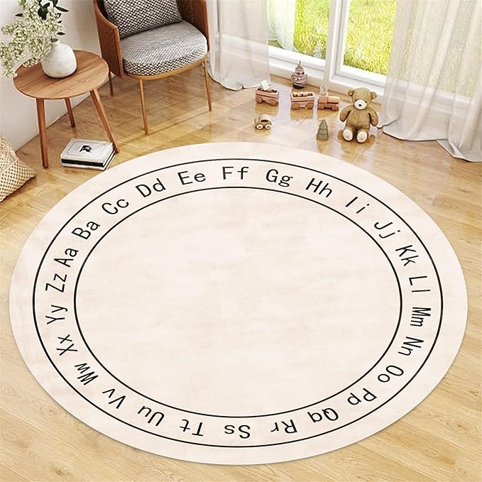 Children's Room Round Rug,3ft,Children's ABC Letter Educational Learning Round Rug, Non-Slip Washable Children's Room Play Rug, Suitable for Bedroom, Playroom, Boys and Girls Room Decoration