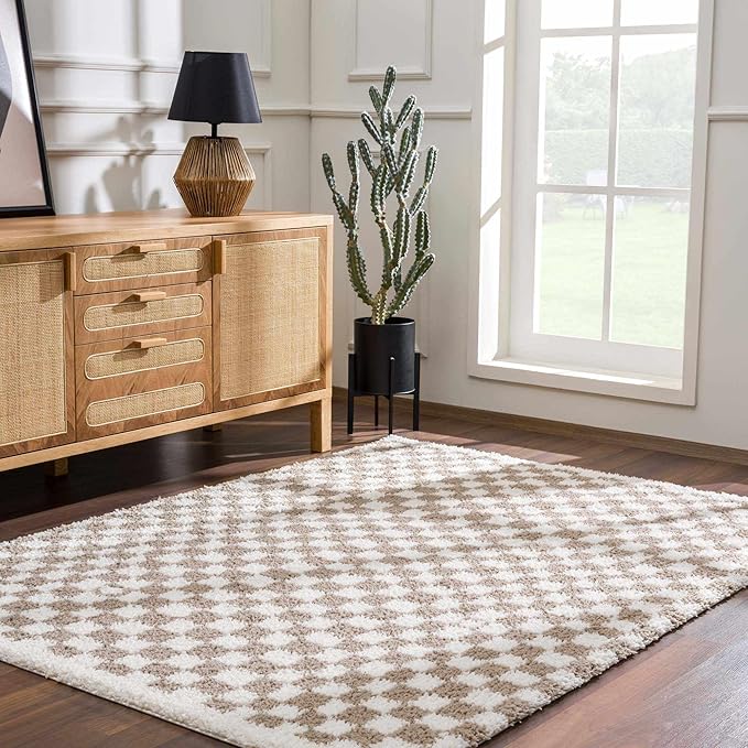 BoutiqueRugs Kieu Modern Checkered Shag Rug - High Pile Fluffy Shag Carpet for Hallway, Nursery, Playroom, Girls Boys Room - Light Gray, Taupe, Cloud Gray - 7'10" x 10' (8x10)