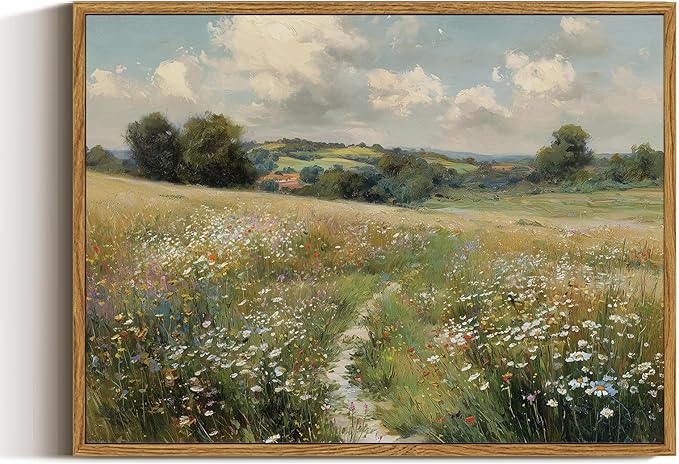 ARPEOTCY Vintage Framed Canvas Wall Art, 12x16inch, Farmhouse Wildflower Field Wall Decor, Countryside Art Prints Home Decorations, Landscape Paintings for Living Room Bedroom Shelf Decor