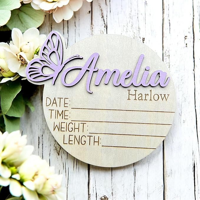 Personalized 3D Butterfly Birth Announcement Sign, Wooden Name sign, Hospital Photo prop Baby Name Reveal (Stained Glass Butterfly)